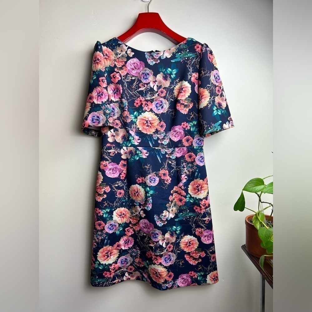Navy Floral A-Line Dress with Pink & Peach Blooms